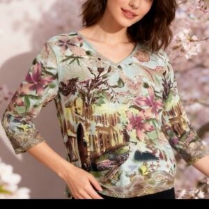 Cactus Size L River Blues Pastel Green Floral V-Neck 3/4 Sleeve Top